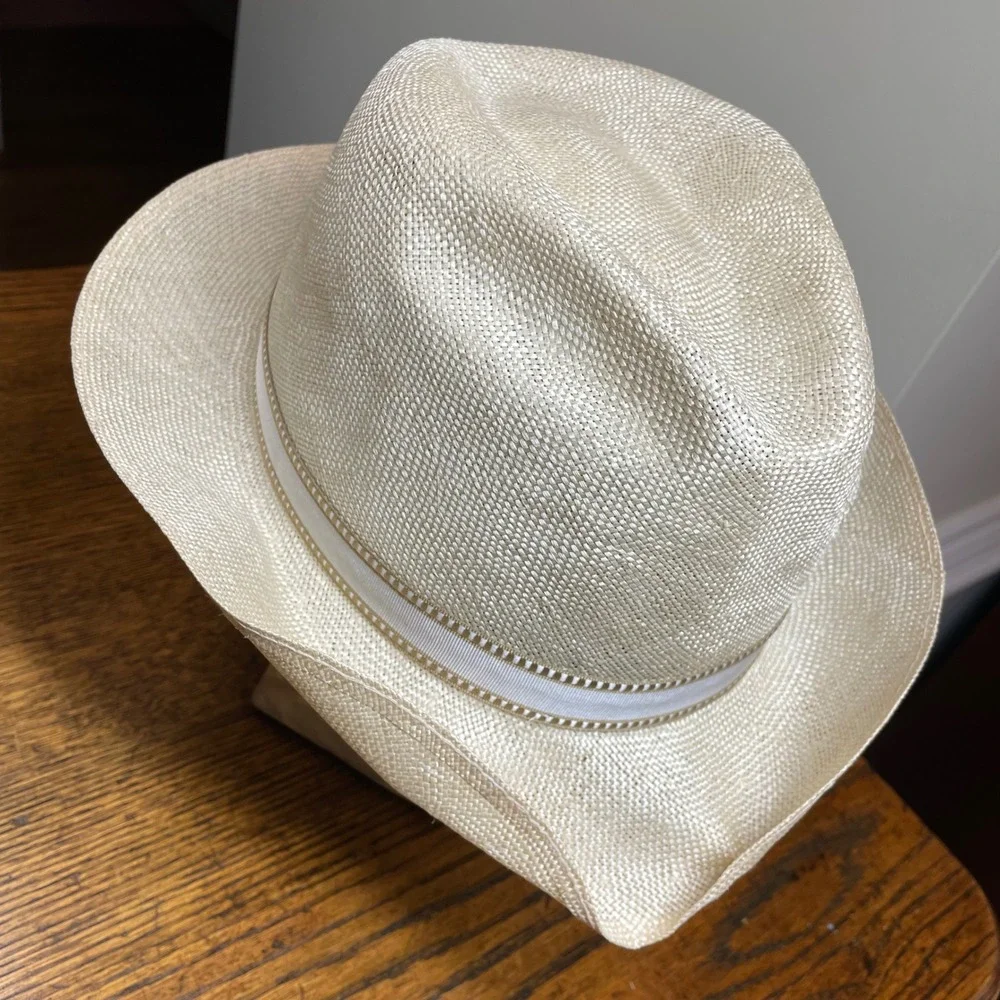Stetson Straw Fedora Hat Cream Off White Woven Panama Style Size 7 5/8 61cm Luxe - Picture 11 of 15
